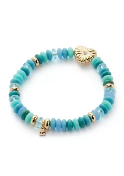 Gold Tone Heart Blue Bead Stretch Bracelet