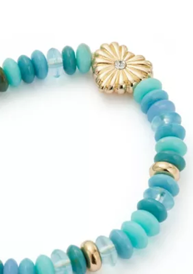 Gold Tone Heart Blue Bead Stretch Bracelet