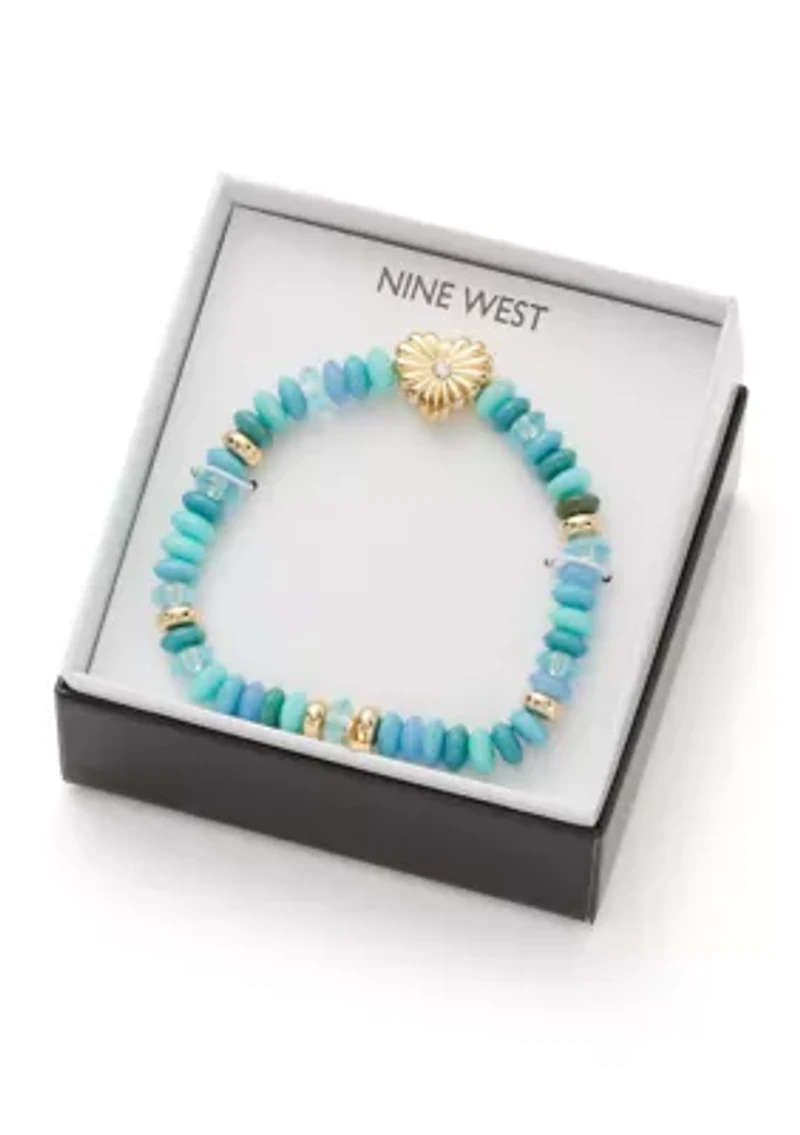 Gold Tone Heart Blue Bead Stretch Bracelet