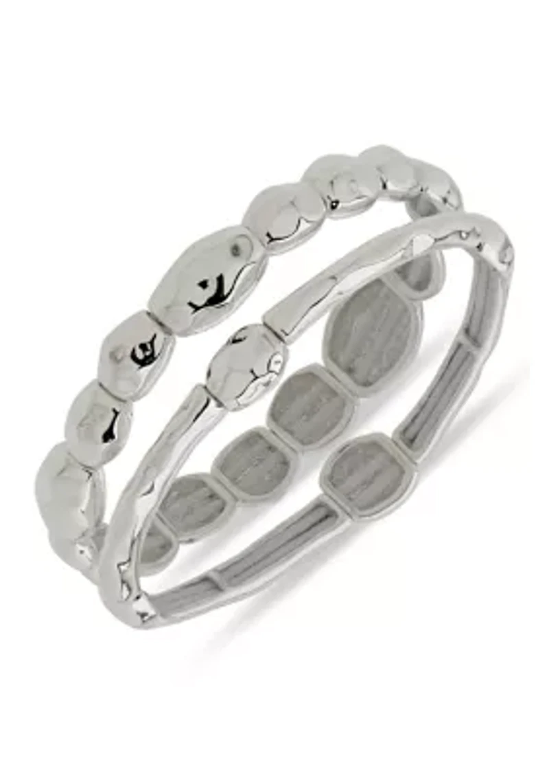 Silver Tone Organic Puffy 2 Row Stretch Bracelet Set