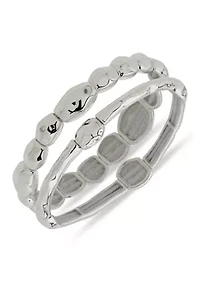 Silver Tone Organic Puffy 2 Row Stretch Bracelet Set