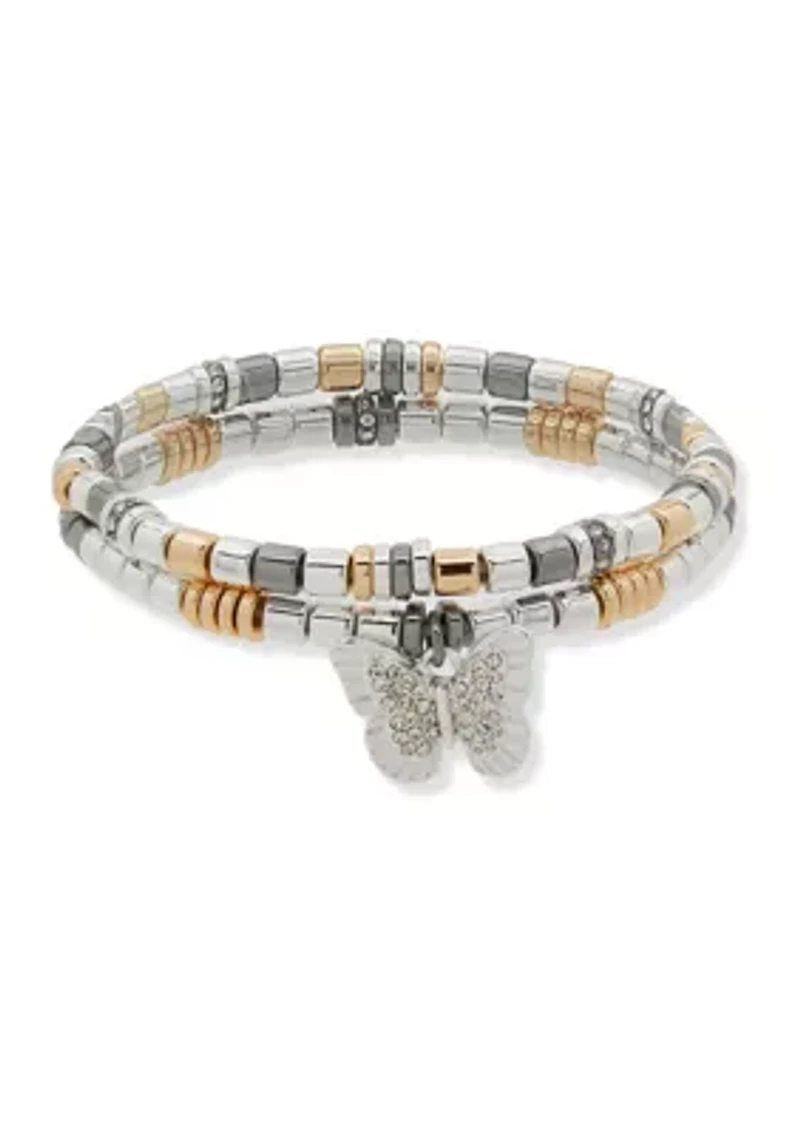 Tri Tone Crystal 2 Row Butterfly Stretch Bracelet Set