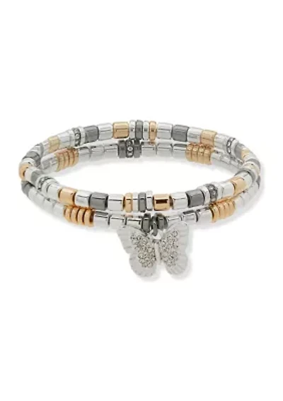 Tri Tone Crystal 2 Row Butterfly Stretch Bracelet Set