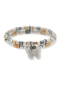 Tri Tone Crystal 2 Row Butterfly Stretch Bracelet Set