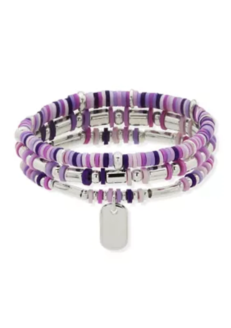 Silver Tone Purple 3 Row Bead Stretch Bracelet Set