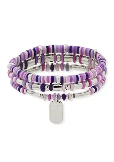 Silver Tone Purple 3 Row Bead Stretch Bracelet Set
