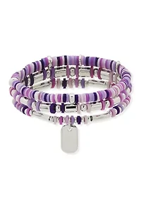 Silver Tone Purple 3 Row Bead Stretch Bracelet Set