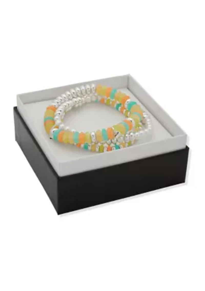 Silver Tone Multi 3 Row Cluster Stretch Bracelet Set