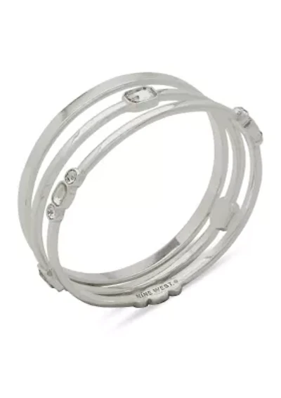 Silver Tone Crystal 3 Row Bangle Bracelet Set