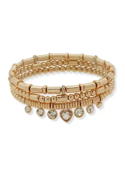 Gold Tone Crystal 3 Row Heart Stretch Bracelet Set