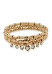 Gold Tone Crystal 3 Row Heart Stretch Bracelet Set