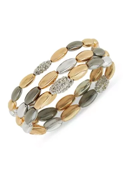Tri Tone 3 Row Oval Stretch Bracelet Set