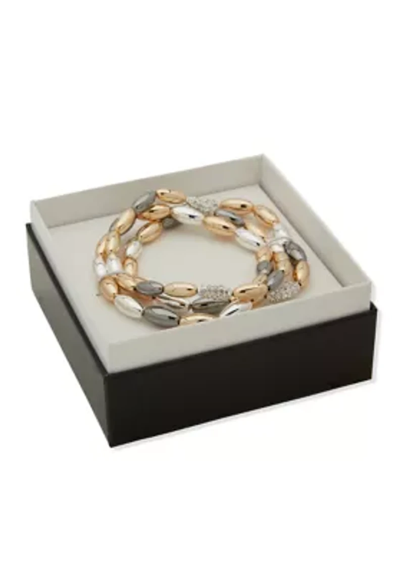 Tri Tone 3 Row Oval Stretch Bracelet Set
