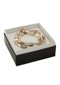 Tri Tone 3 Row Oval Stretch Bracelet Set
