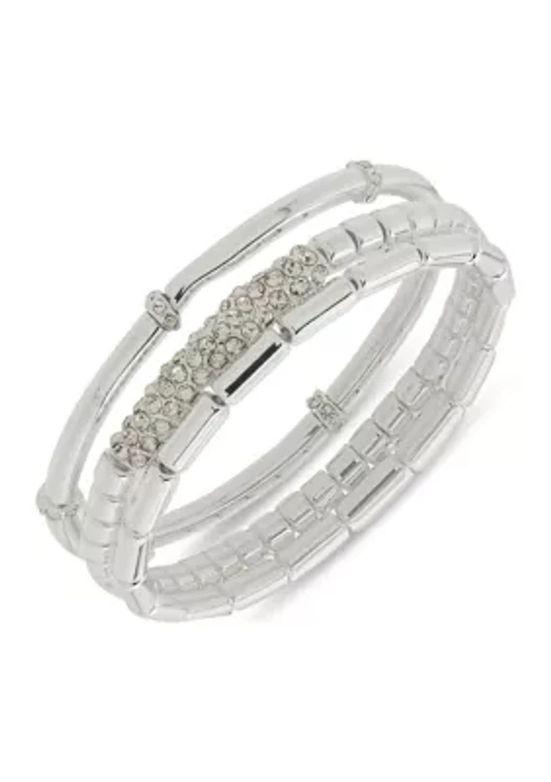 Silver Tone 3 Row Pave Stretch Bracelet Set