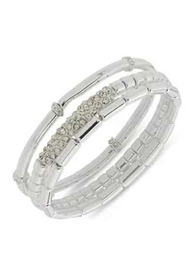 Silver Tone 3 Row Pave Stretch Bracelet Set