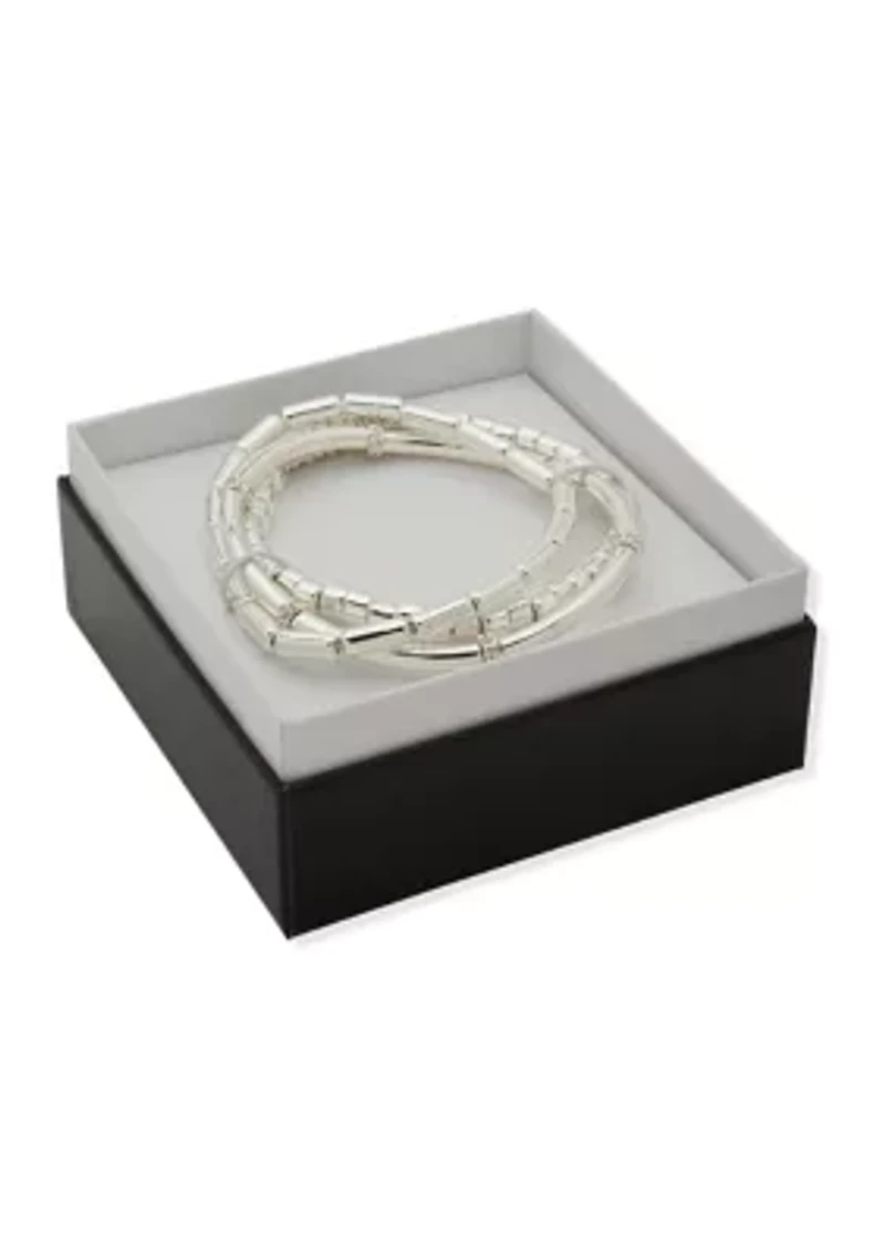 Silver Tone 3 Row Pave Stretch Bracelet Set