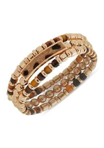 Gold Tone Brown Cheetah Stretch Bracelet Set