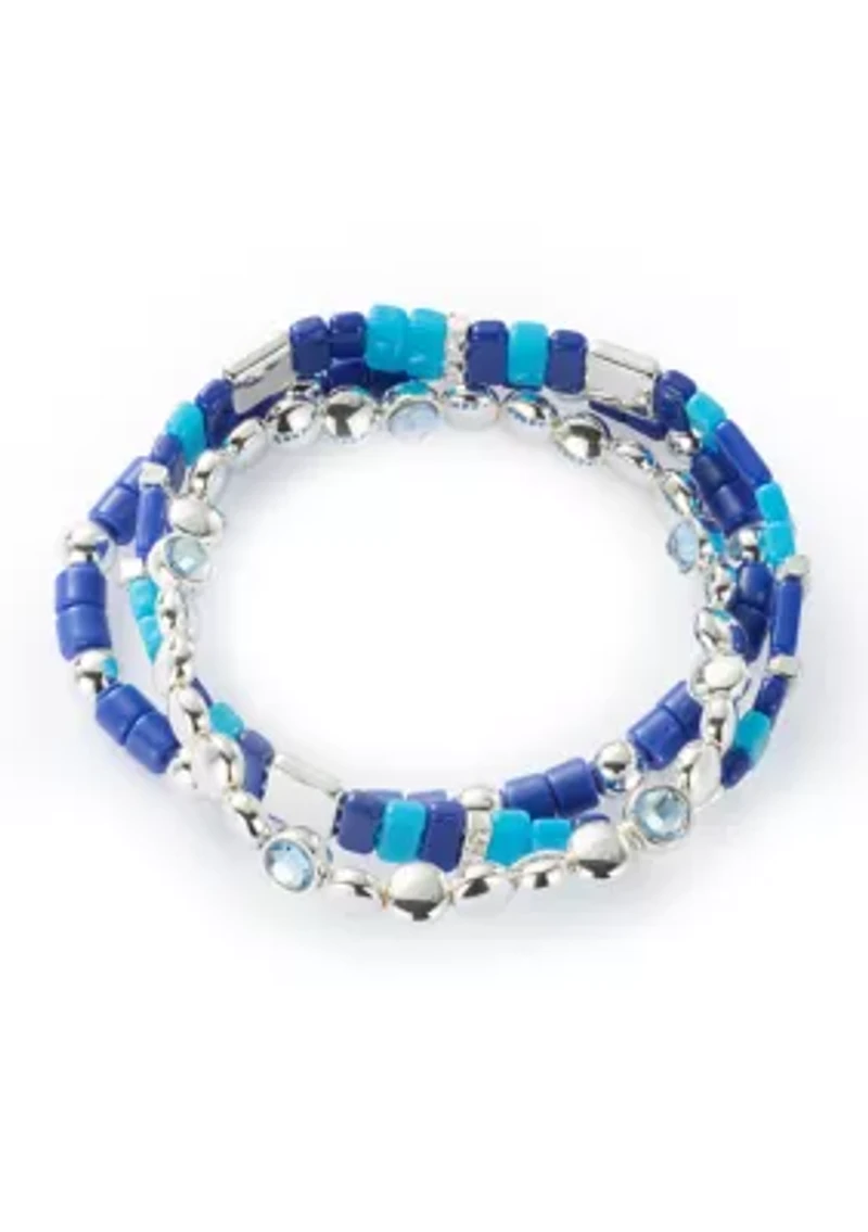 Silver Tone Blue Bead Stretch Bracelet Set