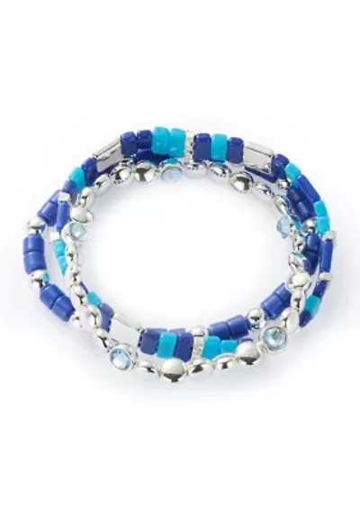 Silver Tone Blue Bead Stretch Bracelet Set