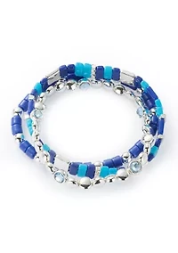 Silver Tone Blue Bead Stretch Bracelet Set