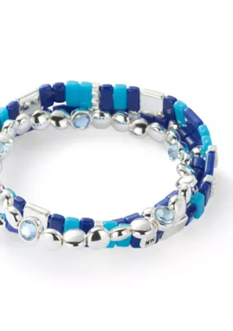 Silver Tone Blue Bead Stretch Bracelet Set