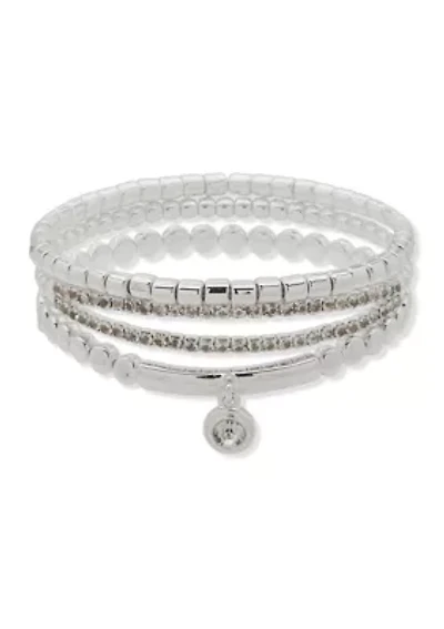 Silver Tone Beaded Stretch Bracelet Set