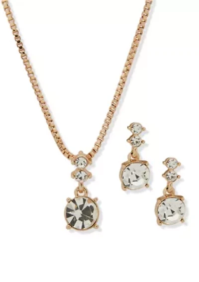 Gold Tone Gem Drop Earrings and Pendant Necklace Set