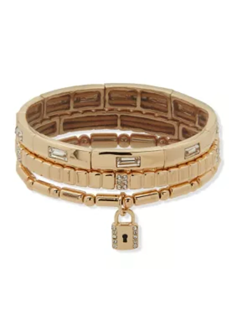 Gold Tone  Crystal Padlock Stretch Bracelet Set