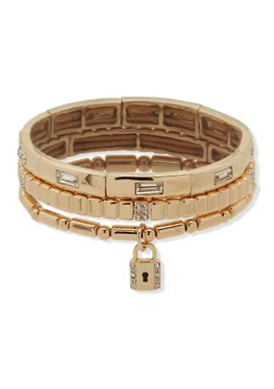 Gold Tone  Crystal Padlock Stretch Bracelet Set
