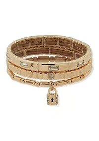 Gold Tone  Crystal Padlock Stretch Bracelet Set