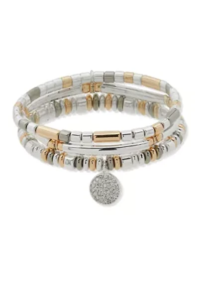 Tri Tone Multi Pave Charm Stretch Bracelet Set