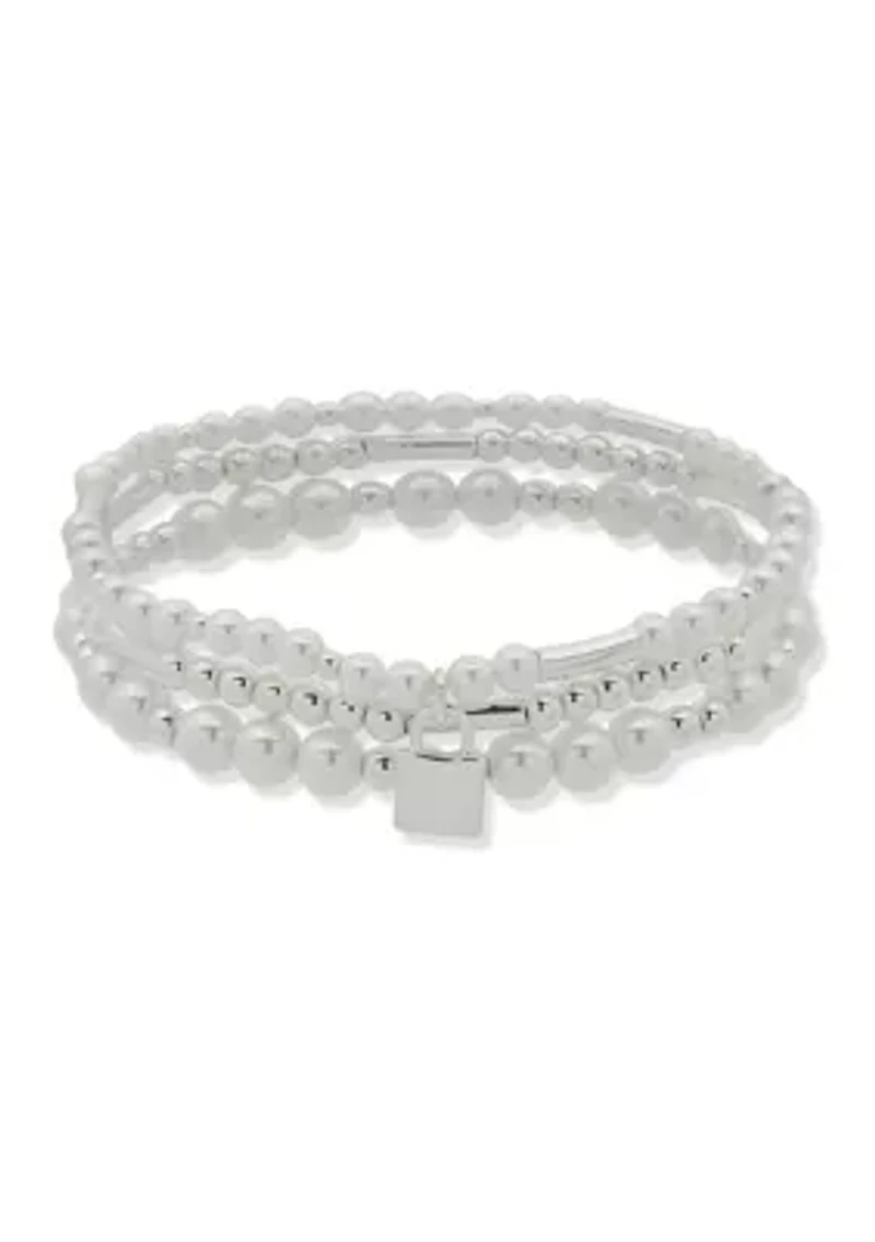 Three Silver Tone Pearl Stretch Bracelets