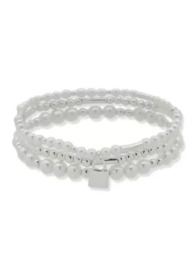 Three Silver Tone Pearl Stretch Bracelets