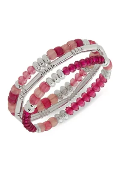 Silver Tone Pink Beaded Stretch Bracelet Set