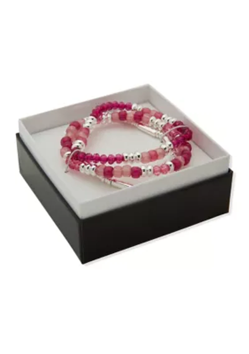 Silver Tone Pink Beaded Stretch Bracelet Set