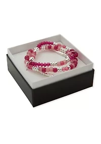 Silver Tone Pink Beaded Stretch Bracelet Set
