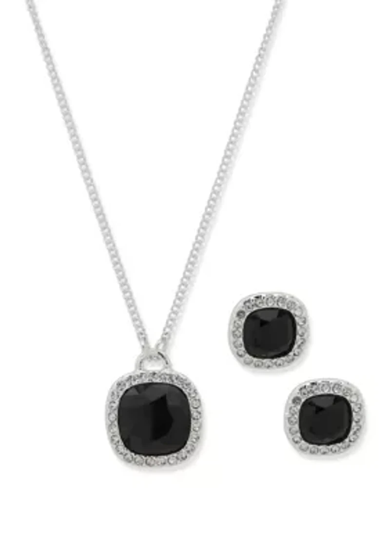 Silver Tone Jet Square Gem Necklace Earring Set