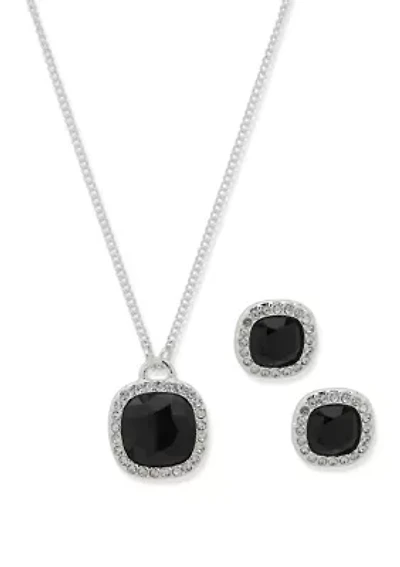 Silver Tone Jet Square Gem Necklace Earring Set