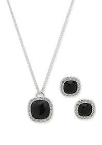 Silver Tone Jet Square Gem Necklace Earring Set