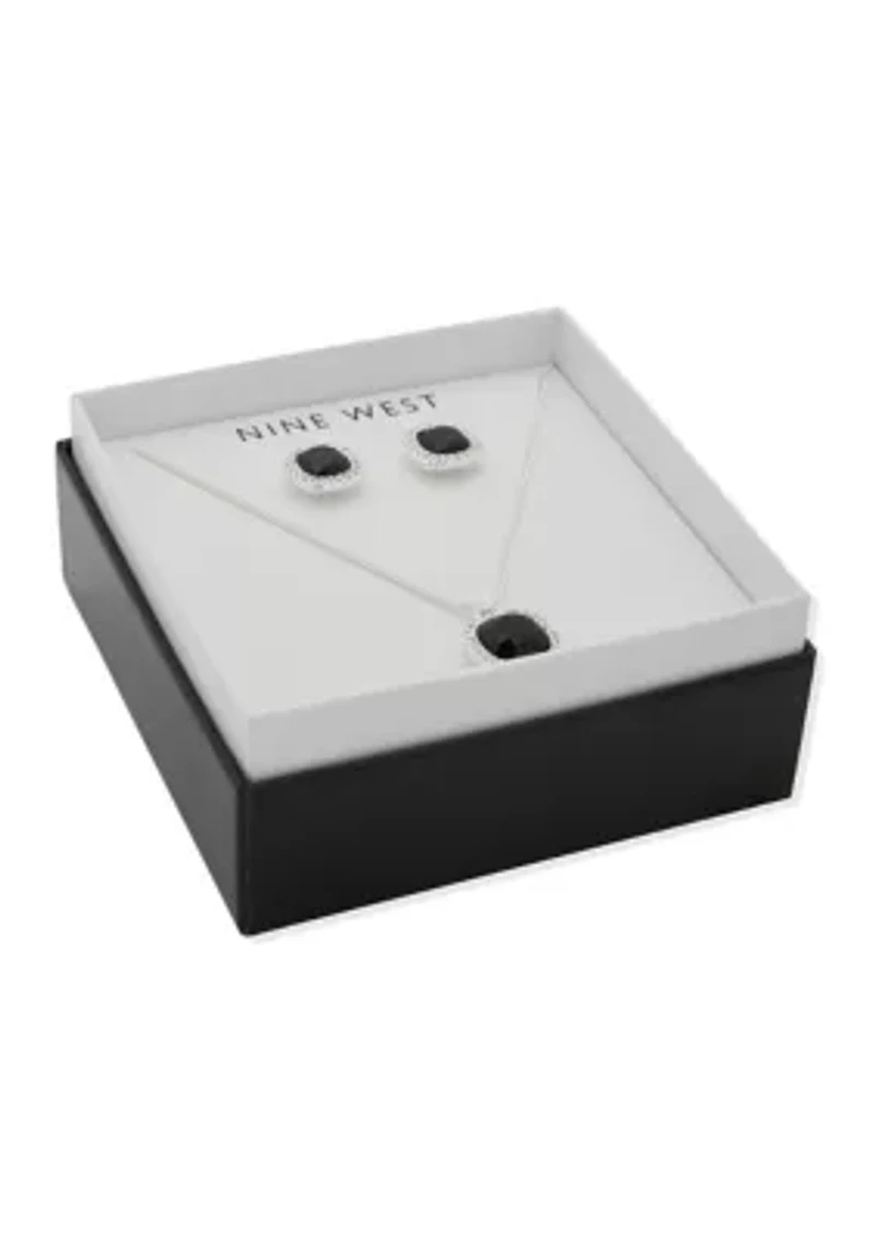 Silver Tone Jet Square Gem Necklace Earring Set