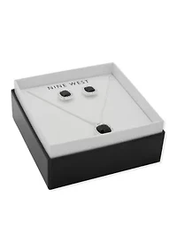 Silver Tone Jet Square Gem Necklace Earring Set