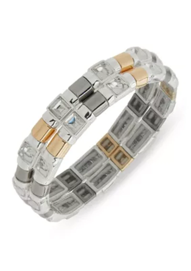 Tri-Tone Square Stone Stretch Bracelet Set