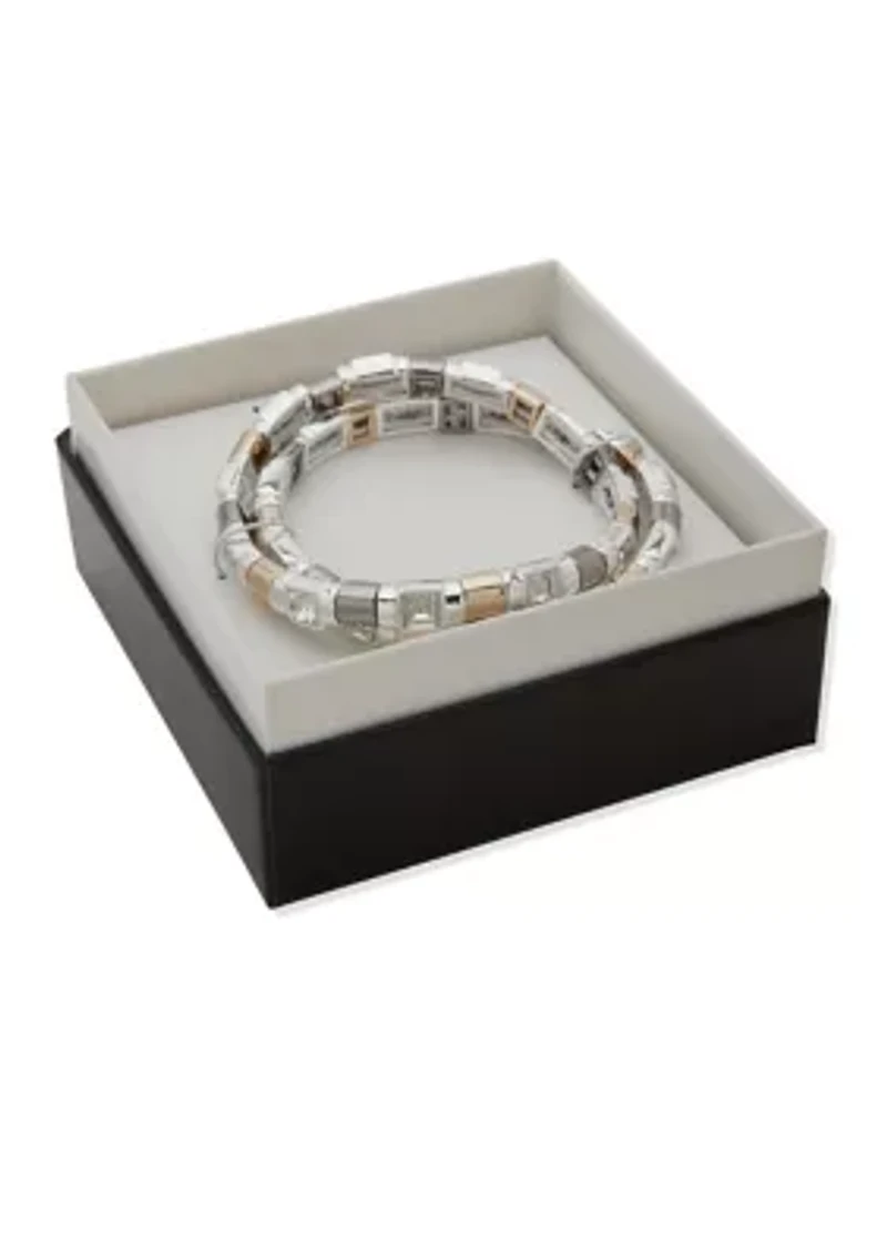 Tri-Tone Square Stone Stretch Bracelet Set