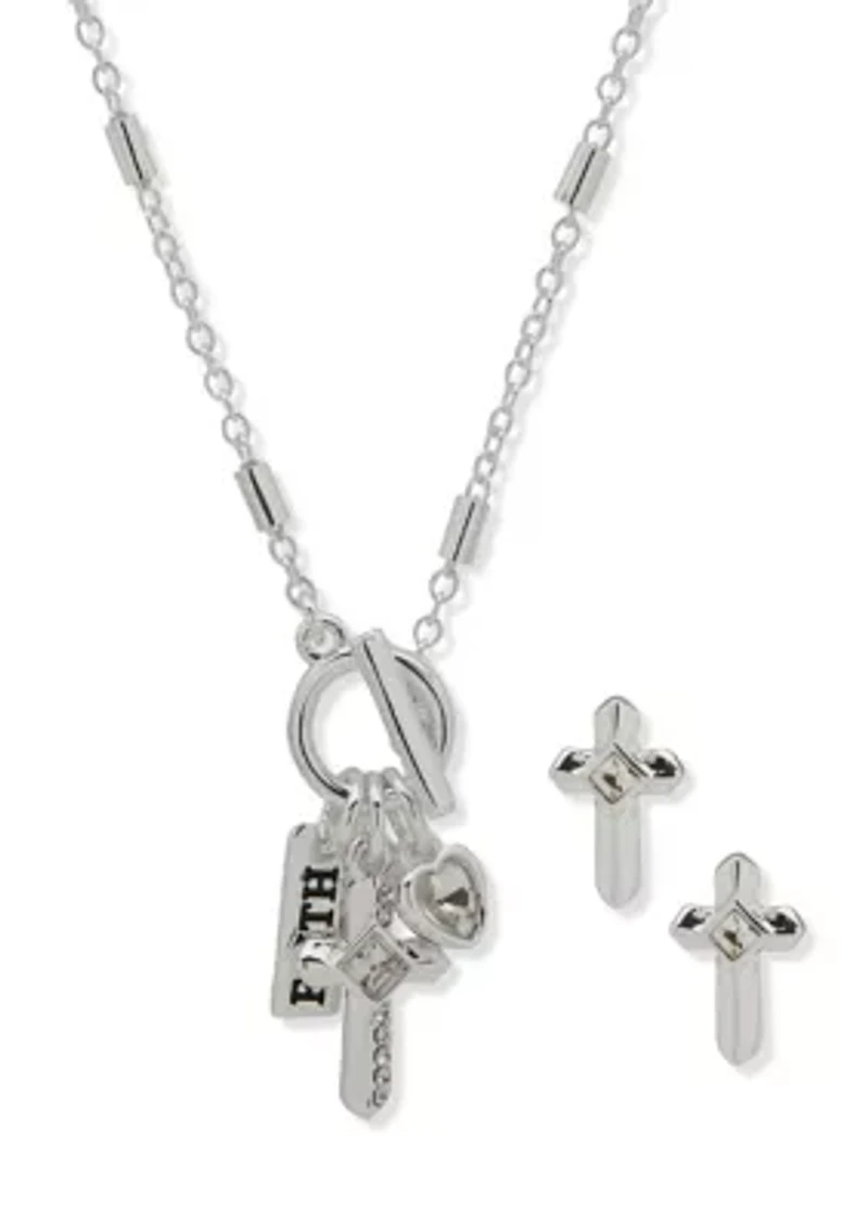 Silver Tone Crystal Faith Necklace and Earring Set
