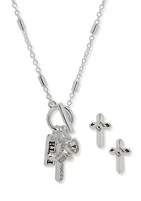 Silver Tone Crystal Faith Necklace and Earring Set