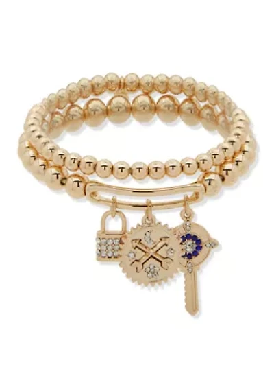 Gold Tone Multi Charm Stretch Bracelet Set