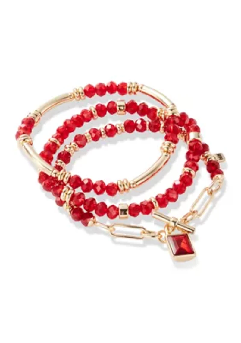 Gold Tone Red Beaded Bracelet Set
