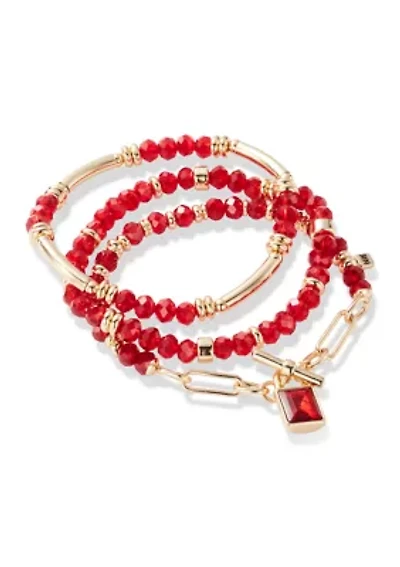 Gold Tone Red Beaded Bracelet Set