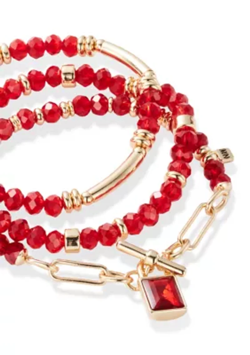 Gold Tone Red Beaded Bracelet Set